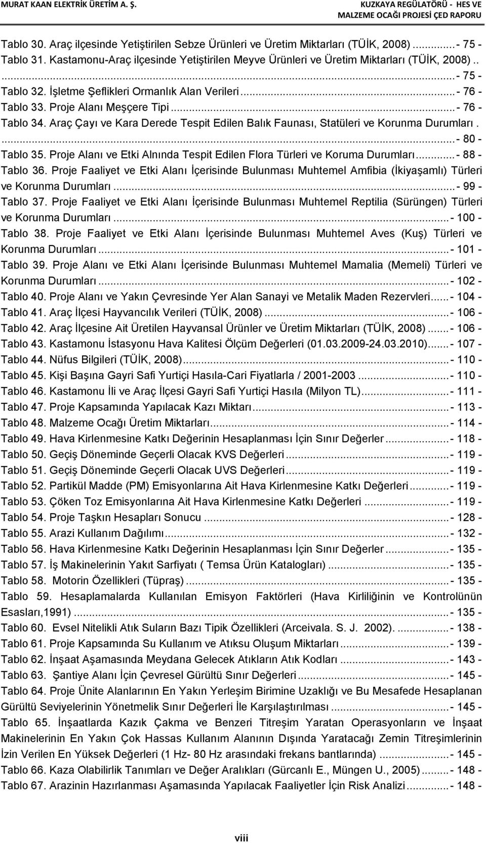 Araç Çayı ve Kara Derede Tespit Edilen Balık Faunası, Statüleri ve Korunma Durumları.... - 80 - Tablo 35. Proje Alanı ve Etki Alnında Tespit Edilen Flora Türleri ve Koruma Durumları... - 88 - Tablo 36.