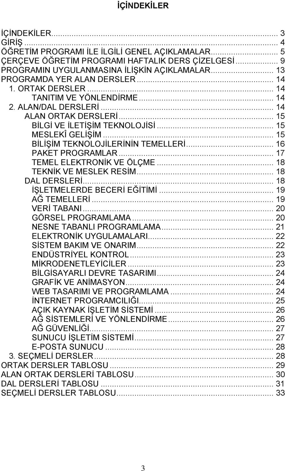 .. 15 BİLİŞİM TEKNOLOJİLERİNİN TEMELLERİ... 16 PAKET PROGRAMLAR... 17 TEMEL ELEKTRONİK VE ÖLÇME... 18 TEKNİK VE MESLEK RESİM... 18 DAL DERSLERİ... 18 İŞLETMELERDE BECERİ EĞİTİMİ... 19 AĞ TEMELLERİ.