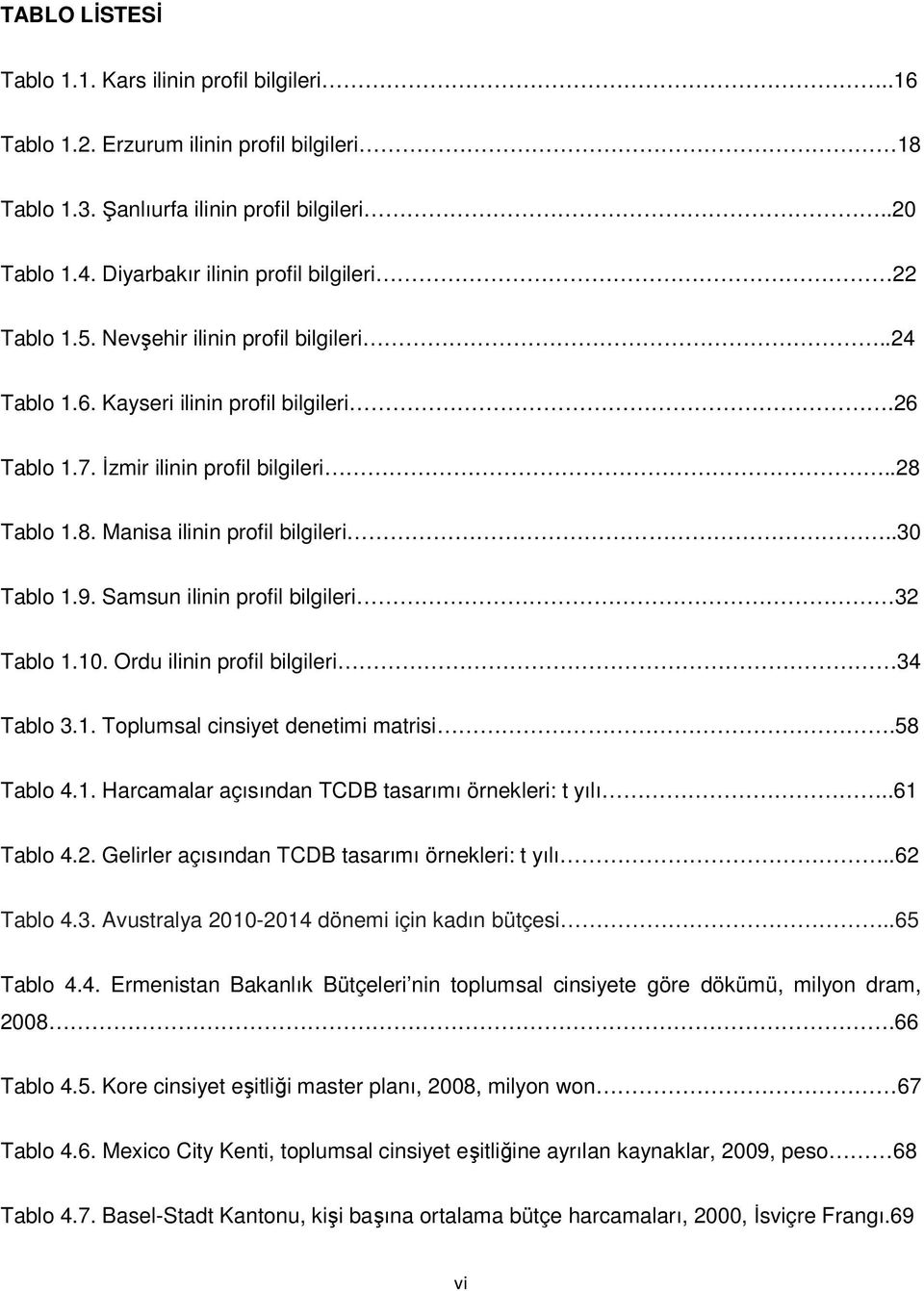 Tablo 1.8. Manisa ilinin profil bilgileri..30 Tablo 1.9. Samsun ilinin profil bilgileri 32 Tablo 1.10. Ordu ilinin profil bilgileri 34 Tablo 3.1. Toplumsal cinsiyet denetimi matrisi.58 Tablo 4.1. Harcamalar açısından TCDB tasarımı örnekleri: t yılı.