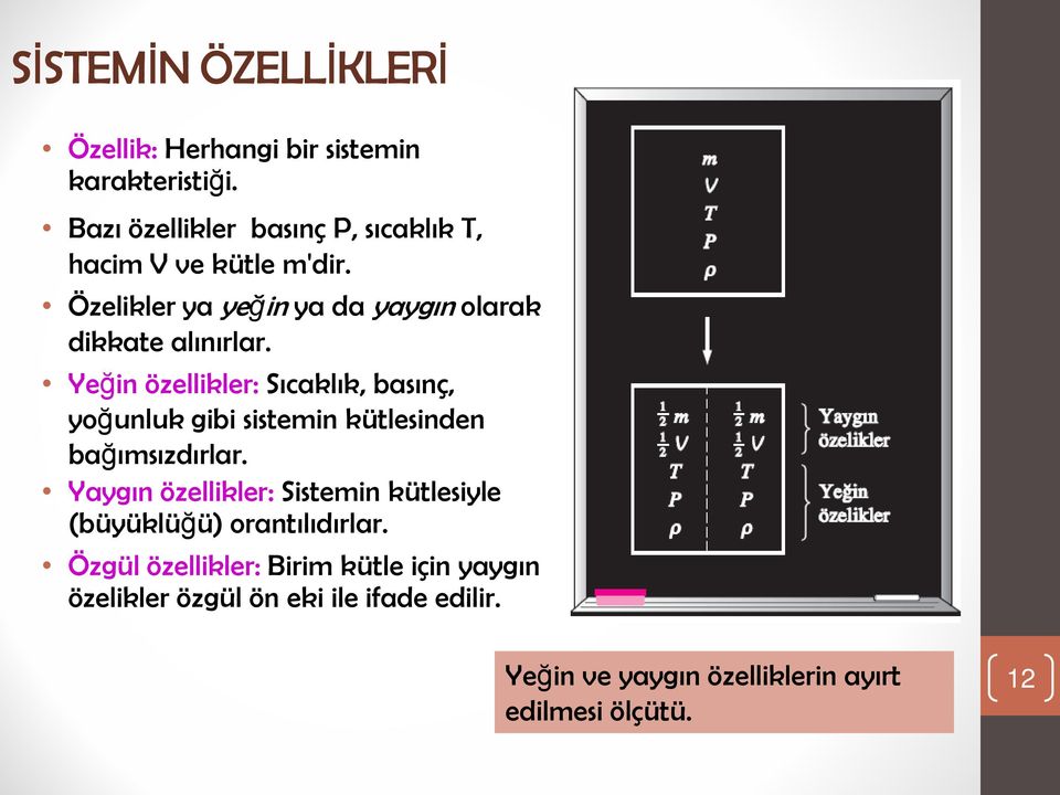 Yeğin özellikler: Sıcaklık, basınç, yoğunluk gibi sistemin kütlesinden bağımsızdırlar.