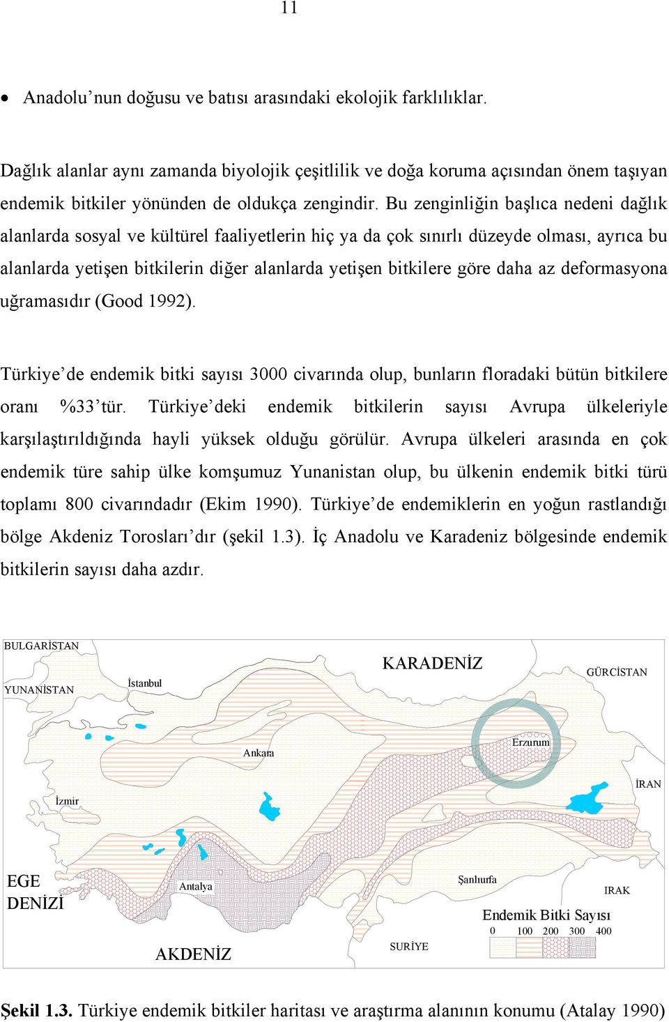 daha az deformasyona uğramasıdır (Good 1992). Türkiye de endemik bitki sayısı 3000 civarında olup, bunların floradaki bütün bitkilere oranı %33 tür.