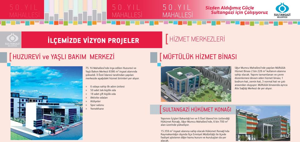 6 odaya sahip ilk adım ünitesi 50 adet tek kişilik oda 18 adet çift kişilik oda Aktivite odaları Atölyeler Spor salonu Yemekhane SULTANGAZİ HÜKÜMET KONAĞI Yapımını İçişleri Bakanlığı nın ve İl Özel