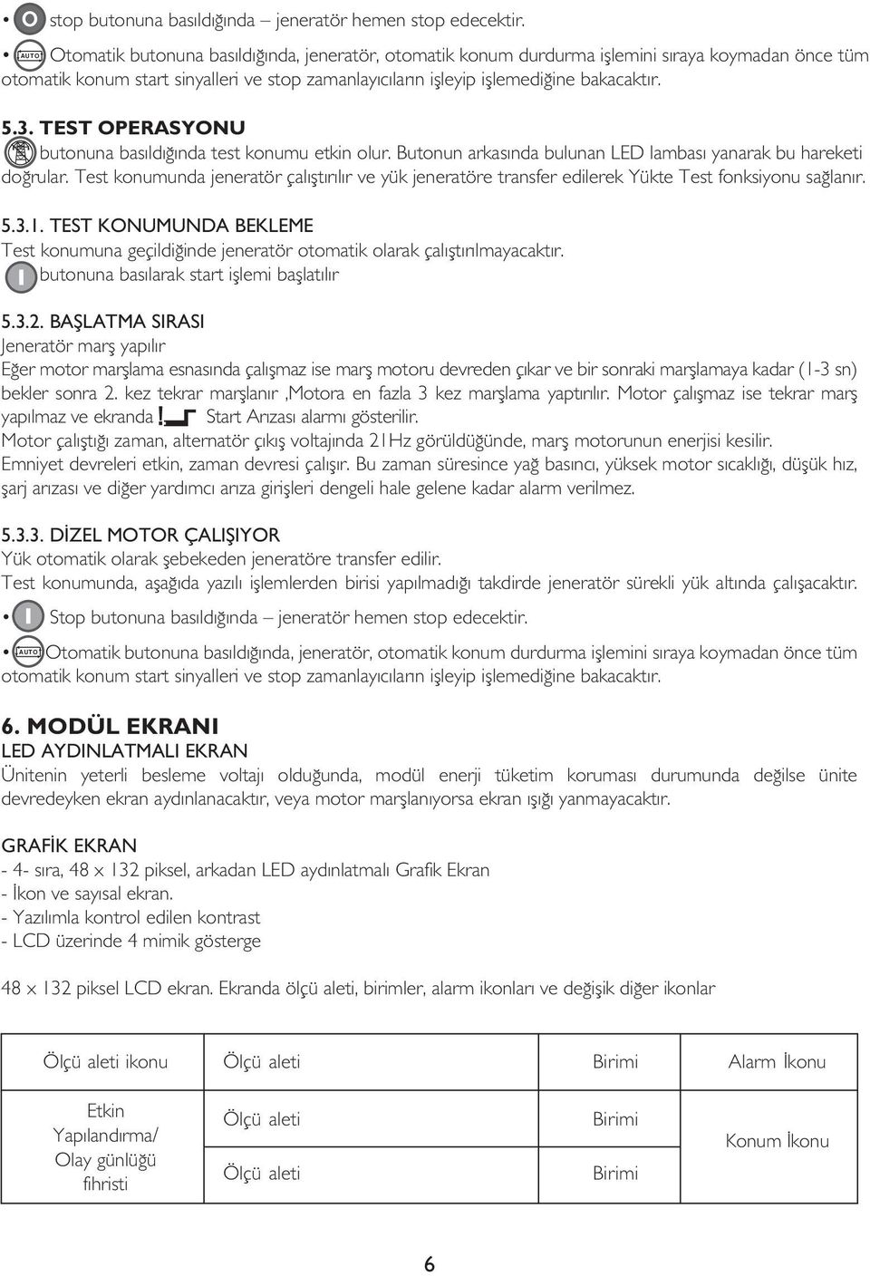 TEST OPERASYONU butonuna basıldığında test konumu etkin olur. Butonun arkasında bulunan LED lambası yanarak bu hareketi doğrular.