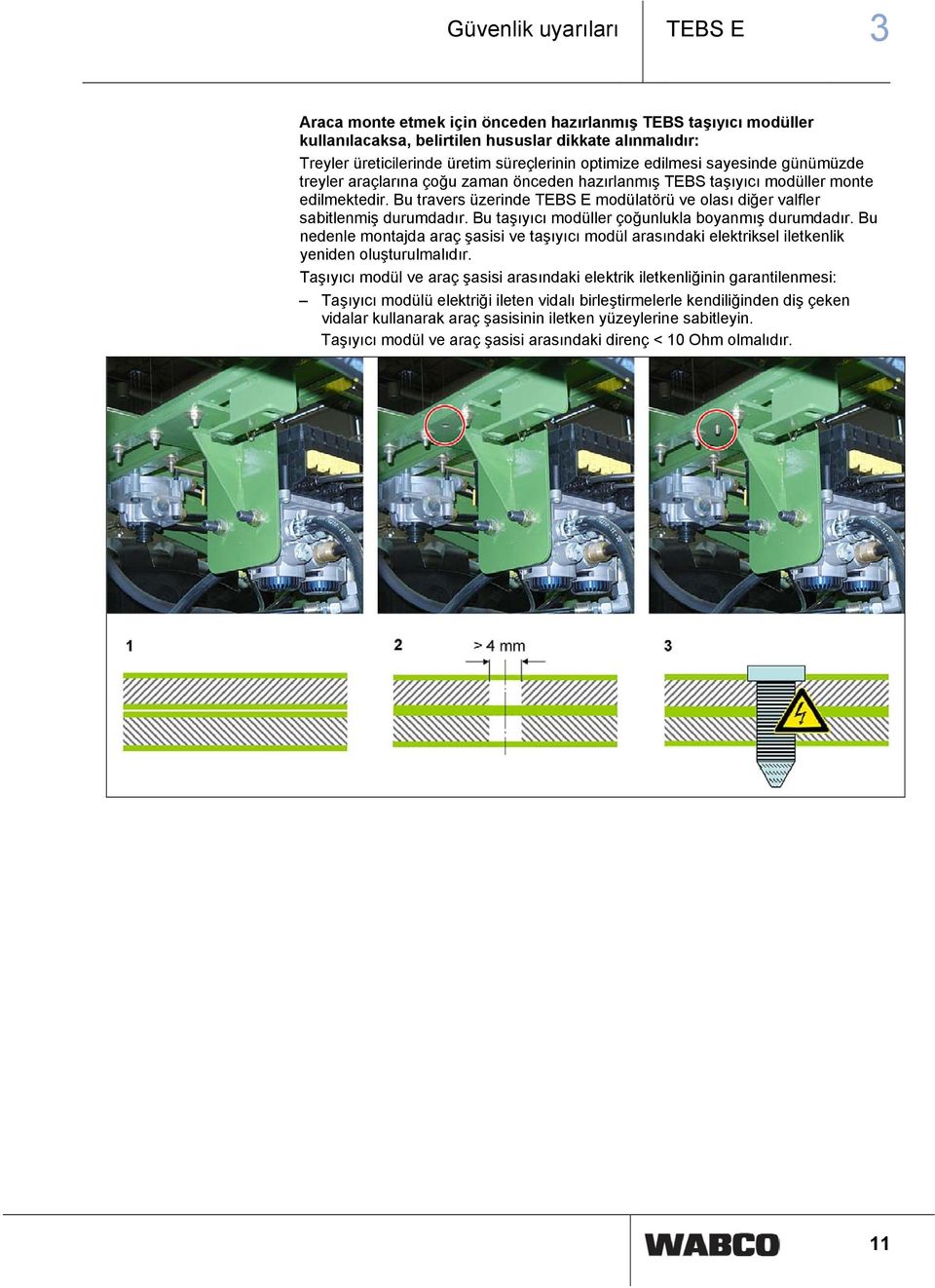 Bu travers üzerinde TEBS E modülatörü ve olası diğer valfler sabitlenmiş durumdadır. Bu taşıyıcı modüller çoğunlukla boyanmış durumdadır.