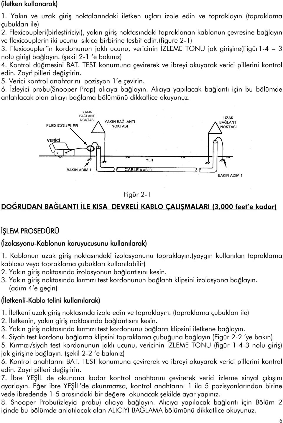 Flexicoupler in kordonunun jaklı ucunu, vericinin İZLEME TONU jak girişine(figür1-4 3 nolu giriş) bağlayın. (şekil 2-1 e bakınız) 4. Kontrol düğmesini BAT.