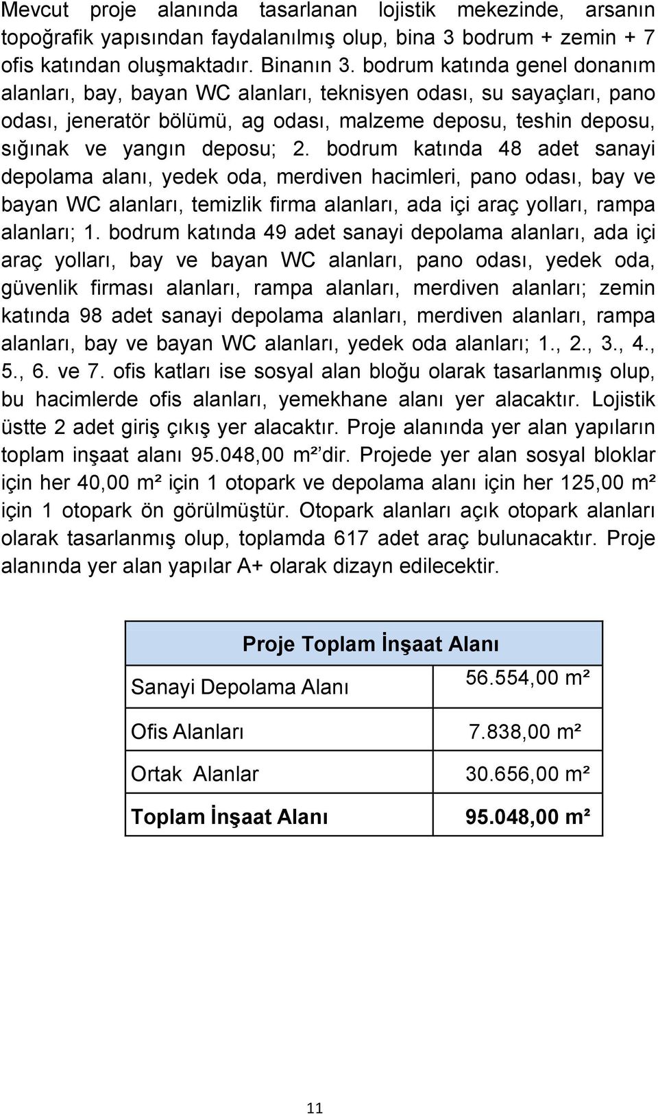 bodrum katında 48 adet sanayi depolama alanı, yedek oda, merdiven hacimleri, pano odası, bay ve bayan WC alanları, temizlik firma alanları, ada içi araç yolları, rampa alanları; 1.