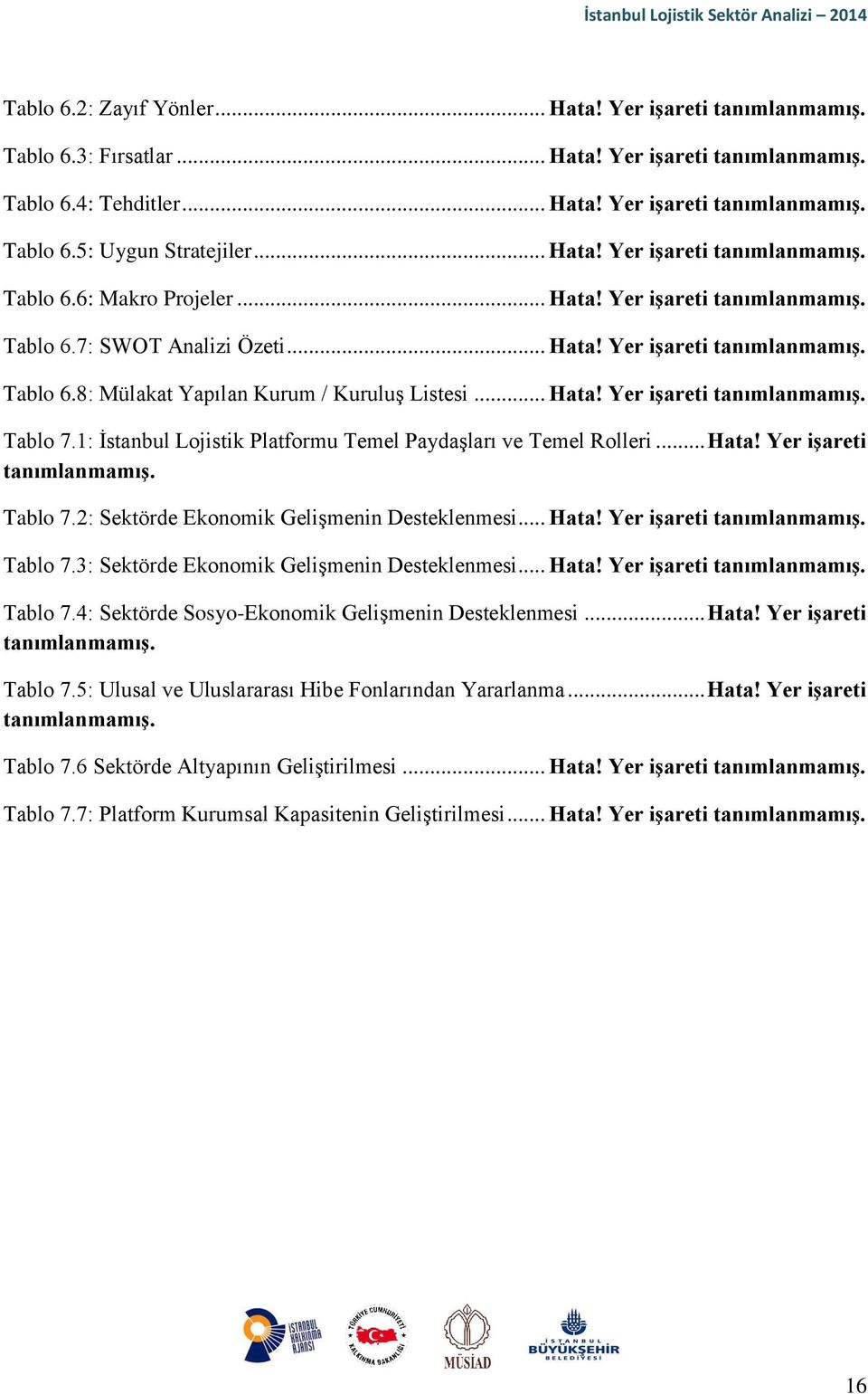 .. Hata! Yer işareti tanımlanmamış. Tablo 7.1: İstanbul Lojistik Platformu Temel Paydaşları ve Temel Rolleri... Hata! Yer işareti tanımlanmamış. Tablo 7.2: Sektörde Ekonomik Gelişmenin Desteklenmesi.