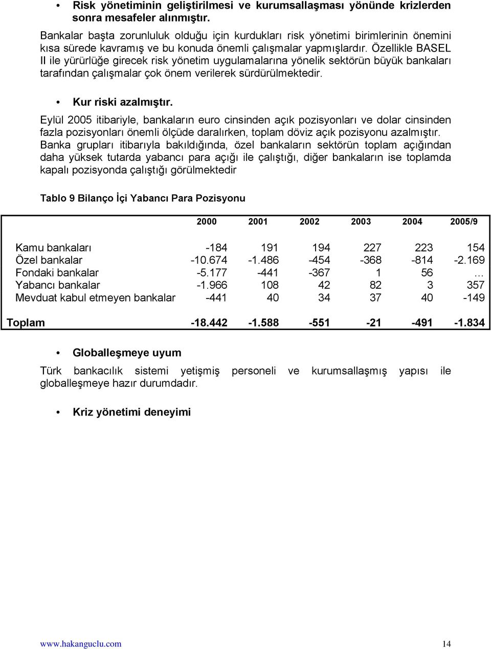 Özellikle BASEL II ile yürürlüğe girecek risk yönetim uygulamalarına yönelik sektörün büyük bankaları tarafından çalışmalar çok önem verilerek sürdürülmektedir. Kur riski azalmıştır.