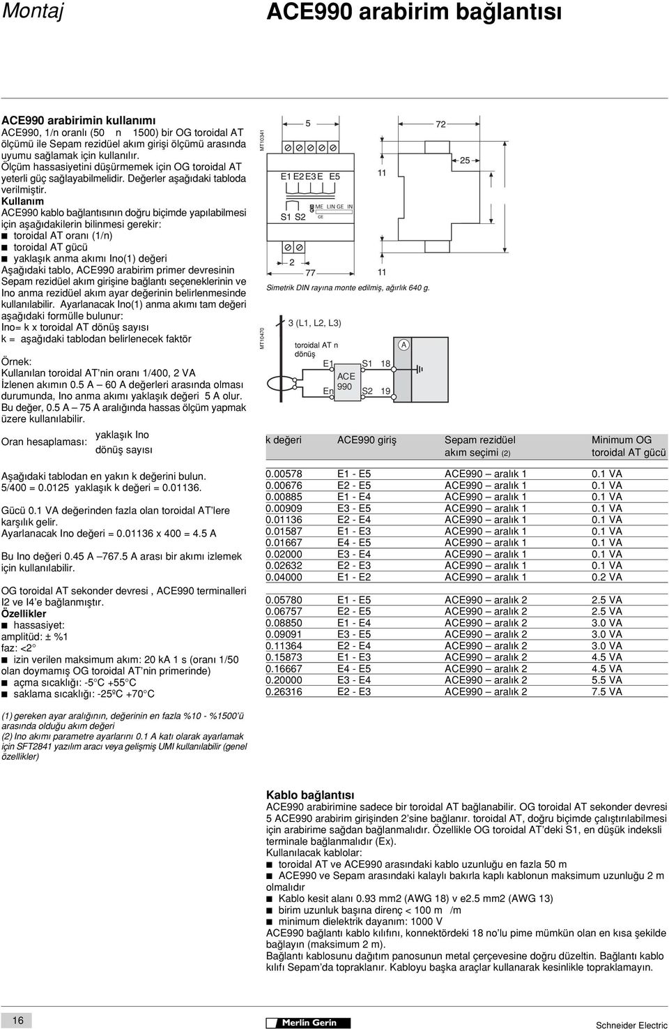 Kullan m ACE990 kablo ba lant s n n do ru biçimde yap labilmesi için afla dakilerin bilinmesi gerekir: toroidal AT oran (/n) toroidal AT gücü yaklafl k anma ak m Ino() de eri Afla daki tablo, ACE990