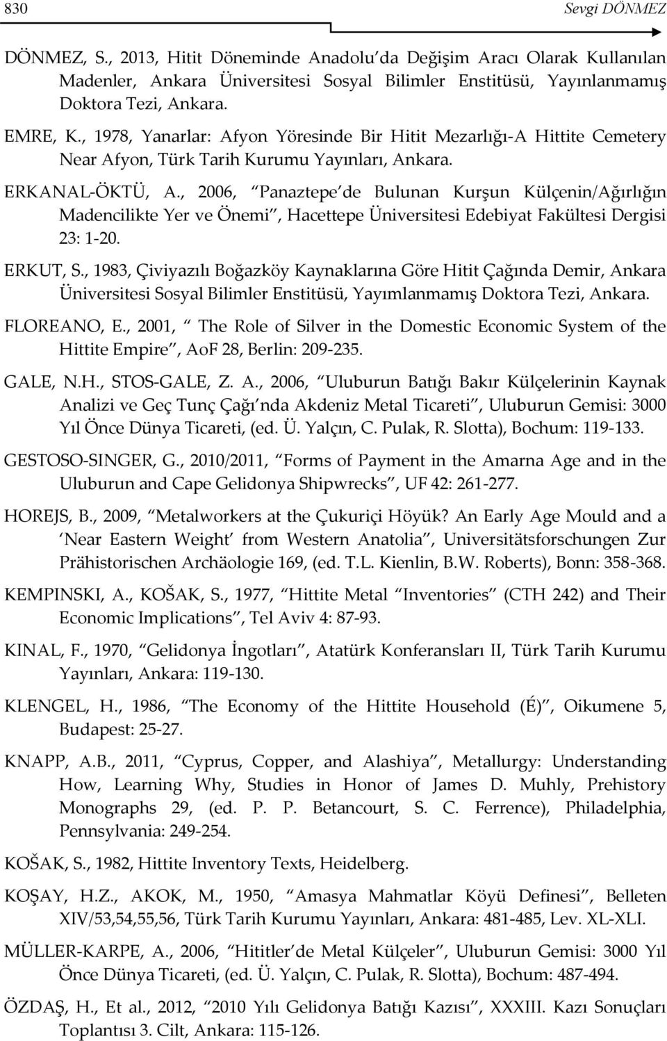 , 2006, Panaztepe de Bulunan Kurşun Külçenin/Ağırlığın Madencilikte Yer ve Önemi, Hacettepe Üniversitesi Edebiyat Fakültesi Dergisi 23: 1-20. ERKUT, S.