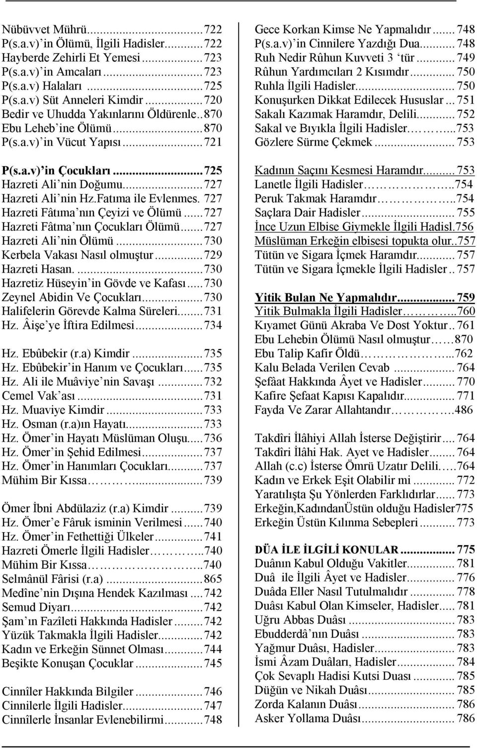 Fatıma ile Evlenmes. 727 Hazreti Fâtıma nın Çeyizi ve Ölümü... 727 Hazreti Fâtma nın Çocukları Ölümü... 727 Hazreti Ali nin Ölümü... 730 Kerbela Vakası Nasıl olmuştur... 729 Hazreti Hasan.