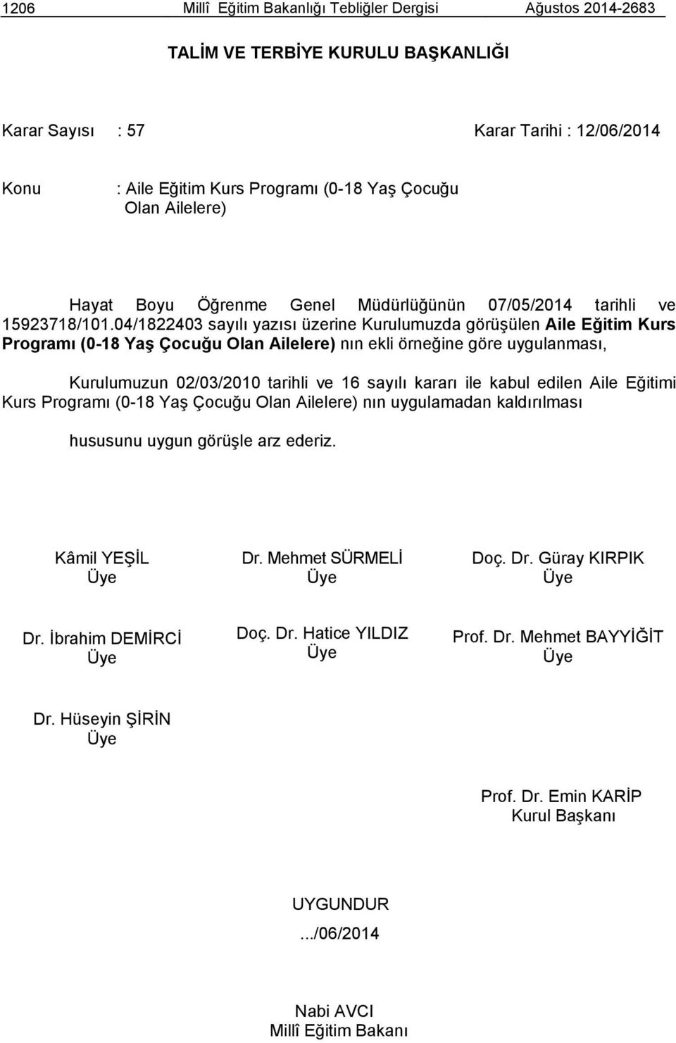 04/1822403 sayılı yazısı üzerine Kurulumuzda görüşülen Aile Eğitim Kurs Programı (0-18 Yaş Çocuğu Olan Ailelere) nın ekli örneğine göre uygulanması, Kurulumuzun 02/03/2010 tarihli ve 16 sayılı kararı