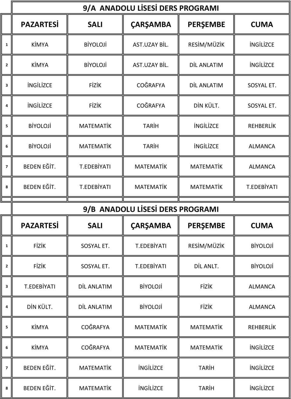 T.EDEBİYATI MATEMATİK MATEMATİK T.EDEBİYATI 9/B ANADOLU LİSESİ DERS PROGRAMI 1 FİZİK SOSYAL ET. T.EDEBİYATI RESİM/MÜZİK BİYOLOJİ 2 FİZİK SOSYAL ET. T.EDEBİYATI DİL ANLT. BİYOLOJİ 3 T.