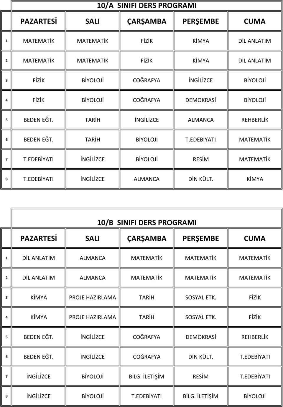 KİMYA 10/B SINIFI DERS PROGRAMI 1 DİL ANLATIM ALMANCA MATEMATİK MATEMATİK MATEMATİK 2 DİL ANLATIM ALMANCA MATEMATİK MATEMATİK MATEMATİK 3 KİMYA PROJE HAZIRLAMA TARİH SOSYAL ETK.