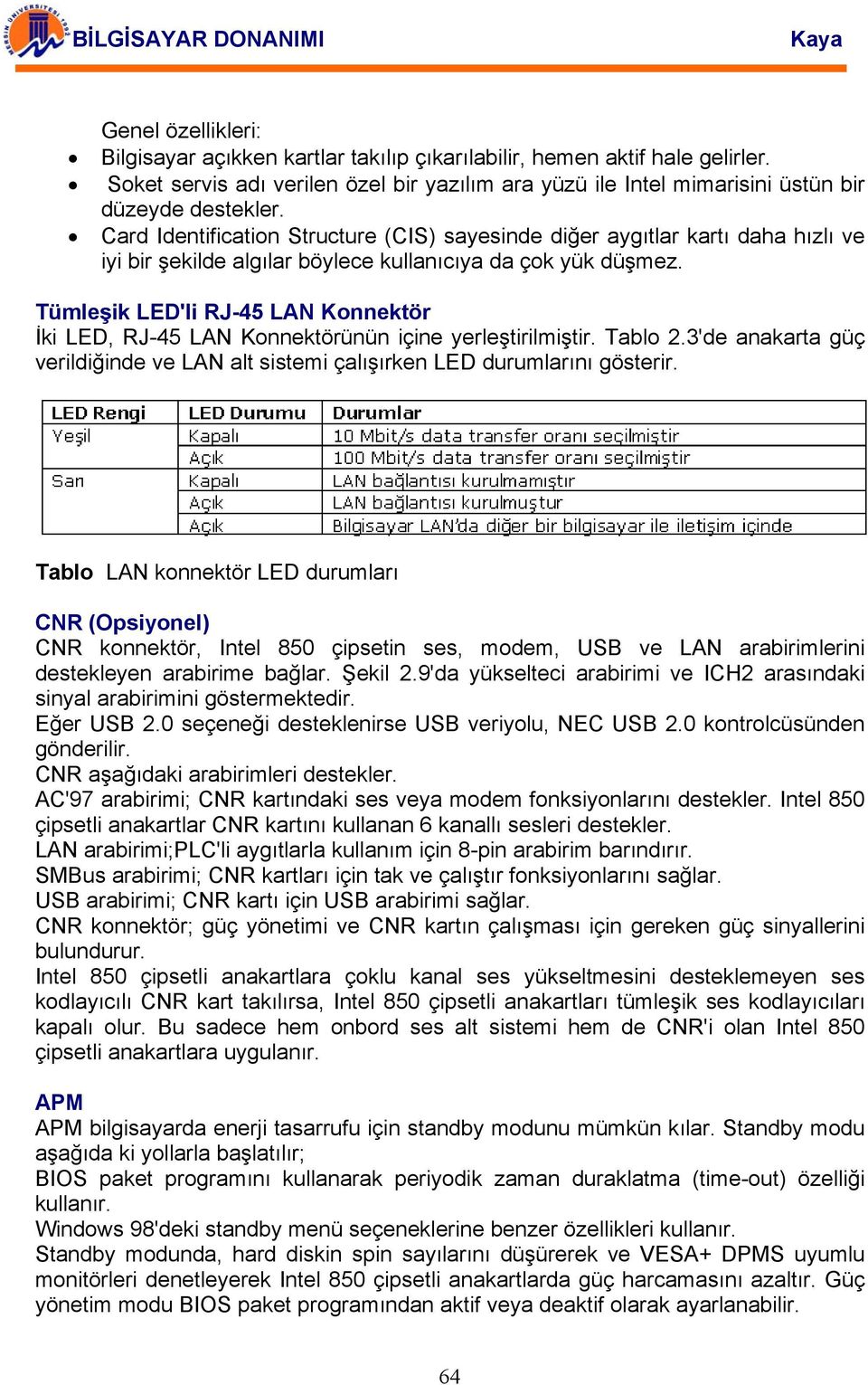 Tümleşik LED'li RJ-45 LAN Konnektör İki LED, RJ-45 LAN Konnektörünün içine yerleştirilmiştir. Tablo 2.3'de anakarta güç verildiğinde ve LAN alt sistemi çalışırken LED durumlarını gösterir.