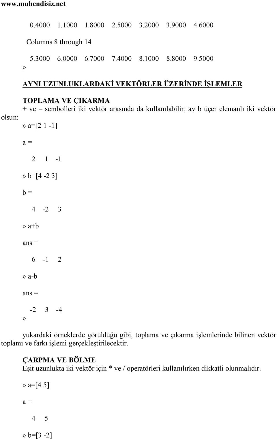 iki vektör» a=[2 1-1] a = 2 1-1» b=[4-2 3] b = 4-2 3» a+b ans = 6-1 2» a-b ans =» -2 3-4 yukardaki örneklerde görüldüğü gibi, toplama ve çıkarma