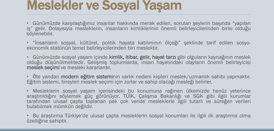 İnsanların sosyal, kültürel, politik hayata katılımının ölçeği şeklinde tarif edilen sosyoekonomik statünün temel belirleyicilerinden biri meslektir.