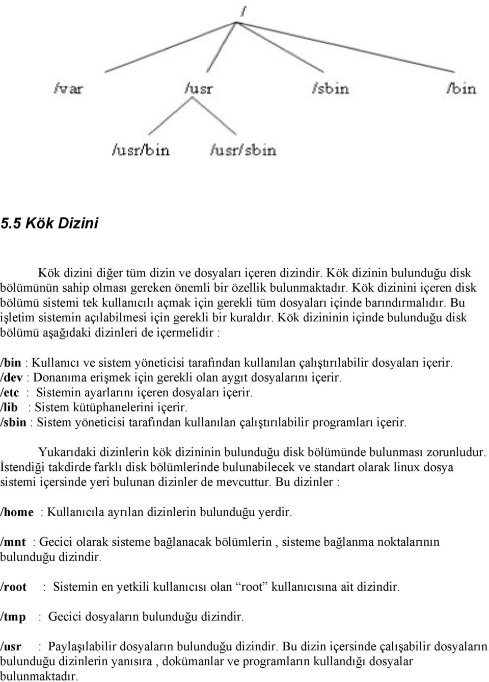 Kök dizininin içinde bulunduğu disk bölümü aşağıdaki dizinleri de içermelidir : /bin : Kullanıcı ve sistem yöneticisi tarafından kullanılan çalıştırılabilir dosyaları içerir.