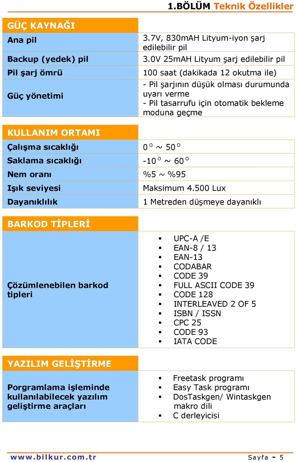 sıcaklığı 0 O ~ 50 O Saklama sıcaklığı -10 O ~ 60 O Nem oranı %5 ~ %95 Işık seviyesi Maksimum 4.