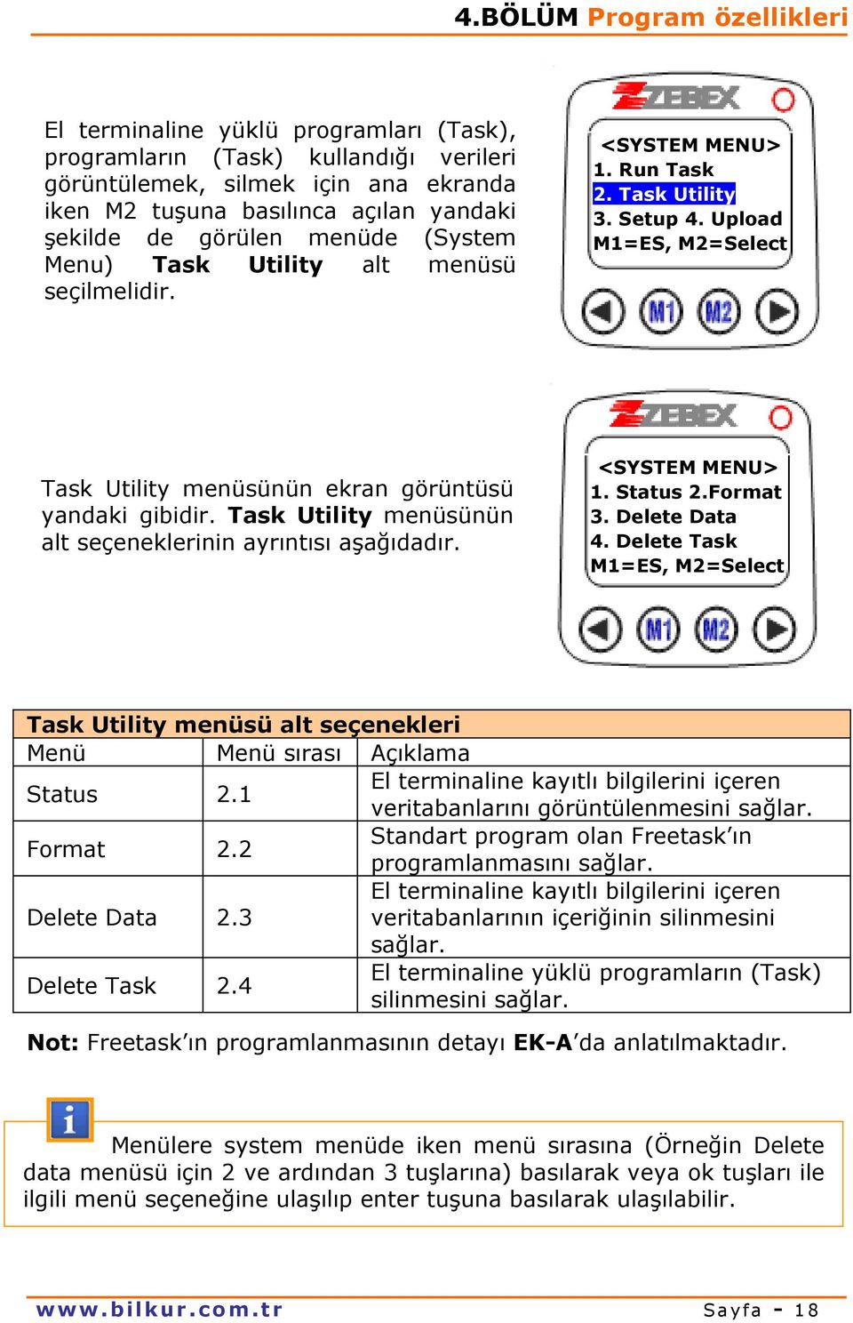 Task Utility menüsünün alt seçeneklerinin ayrıntısı aşağıdadır. <SYSTEM MENU> 1. Status 2.Format 3. Delete Data 4.