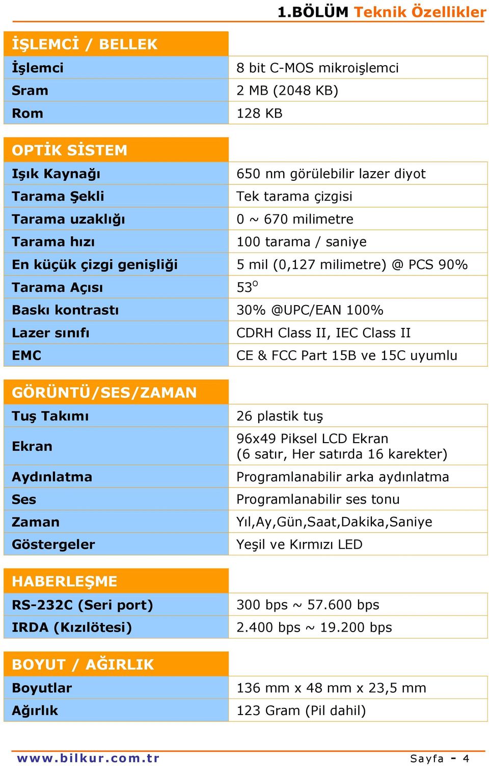 Class II, IEC Class II EMC CE & FCC Part 15B ve 15C uyumlu GÖRÜNTÜ/SES/ZAMAN Tuş Takımı Ekran Aydınlatma Ses Zaman Göstergeler HABERLEŞME RS-232C (Seri port) IRDA (Kızılötesi) BOYUT / AĞIRLIK