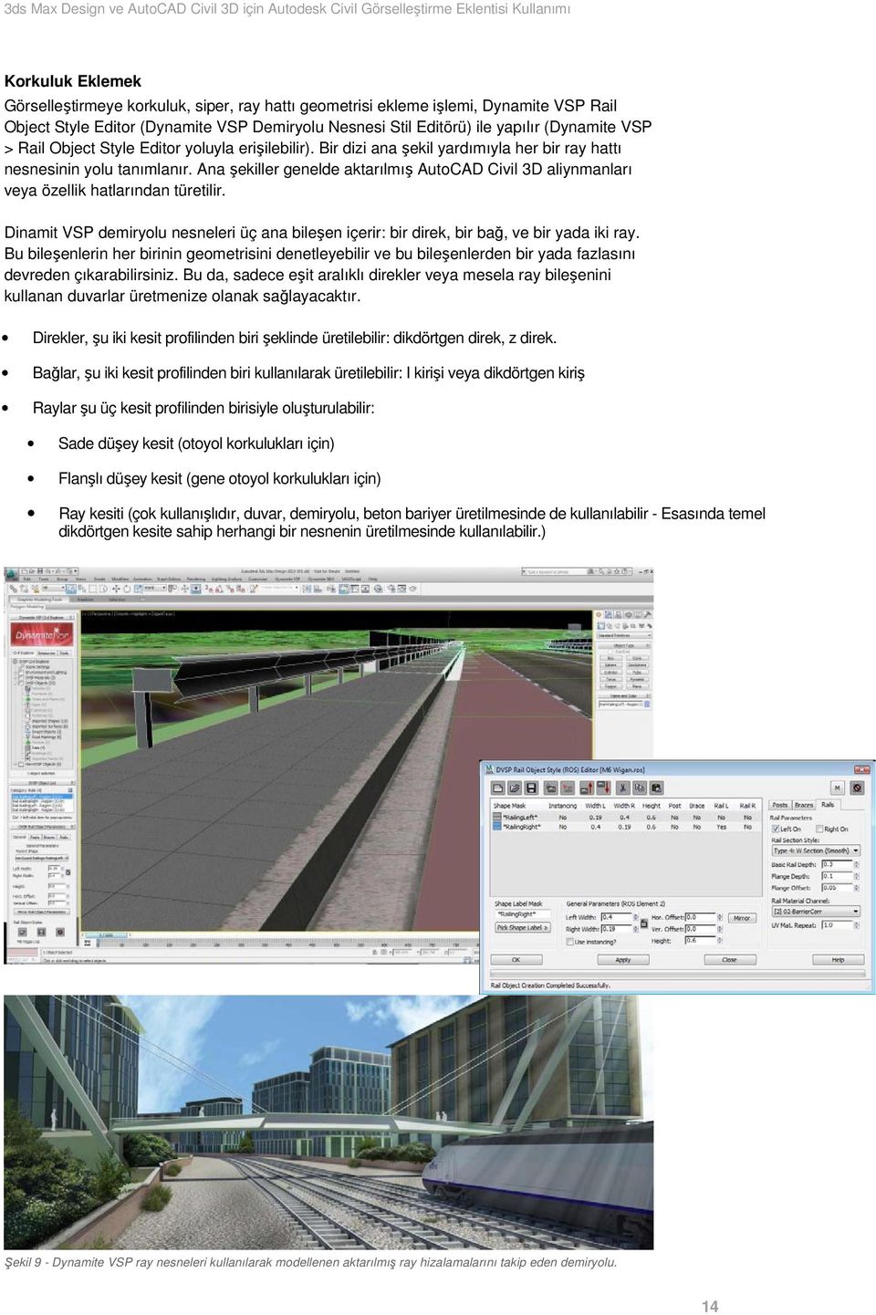 Ana şekiller genelde aktarılmış AutoCAD Civil 3D aliynmanları veya özellik hatlarından türetilir. Dinamit VSP demiryolu nesneleri üç ana bileşen içerir: bir direk, bir bağ, ve bir yada iki ray.