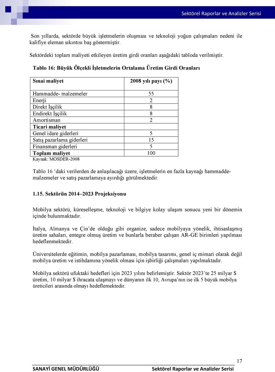 Tablo 16: Büyük Ölçekli İşletmelerin Ortalama Üretim Girdi Oranları Sınai maliyet 2008 yılı payı (%) Hammadde- malzemeler 55 Enerji 2 Direkt İşçilik 8 Endirekt İşçilik 8 Amortisman 2 Ticari maliyet