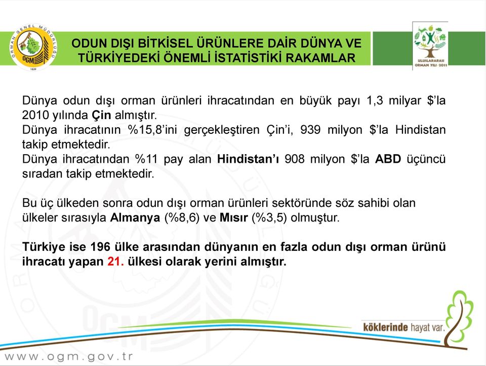 Dünya 4 ihracatından %11 pay alan Hindistan ı 908 milyon $ la ABD üçüncü sıradan 3,5 takip etmektedir.