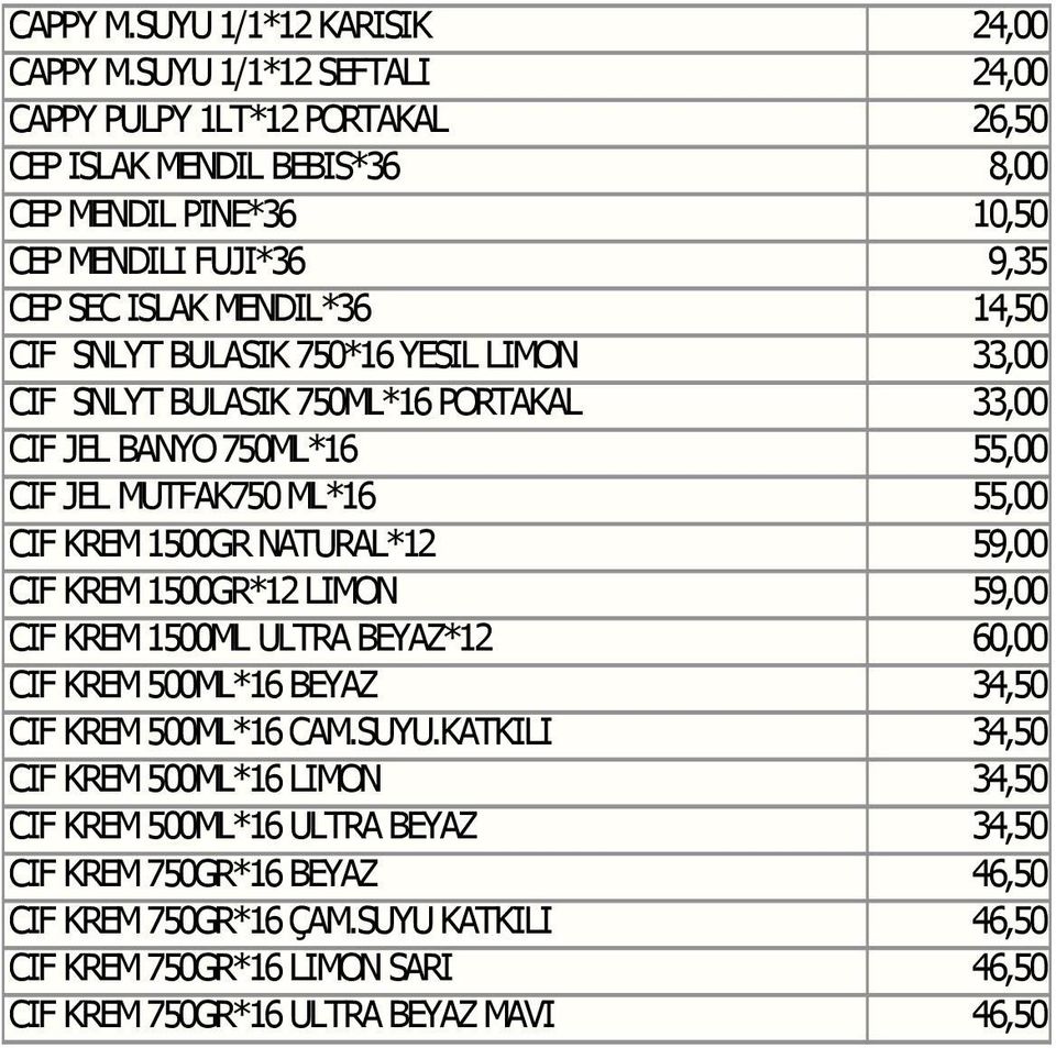 BULASIK 750*16 YESIL LIMON 33,00 CIF SNLYT BULASIK 750ML*16 PORTAKAL 33,00 CIF JEL BANYO 750ML*16 55,00 CIF JEL MUTFAK750 ML*16 55,00 CIF KREM 1500GR NATURAL*12 59,00 CIF KREM 1500GR*12