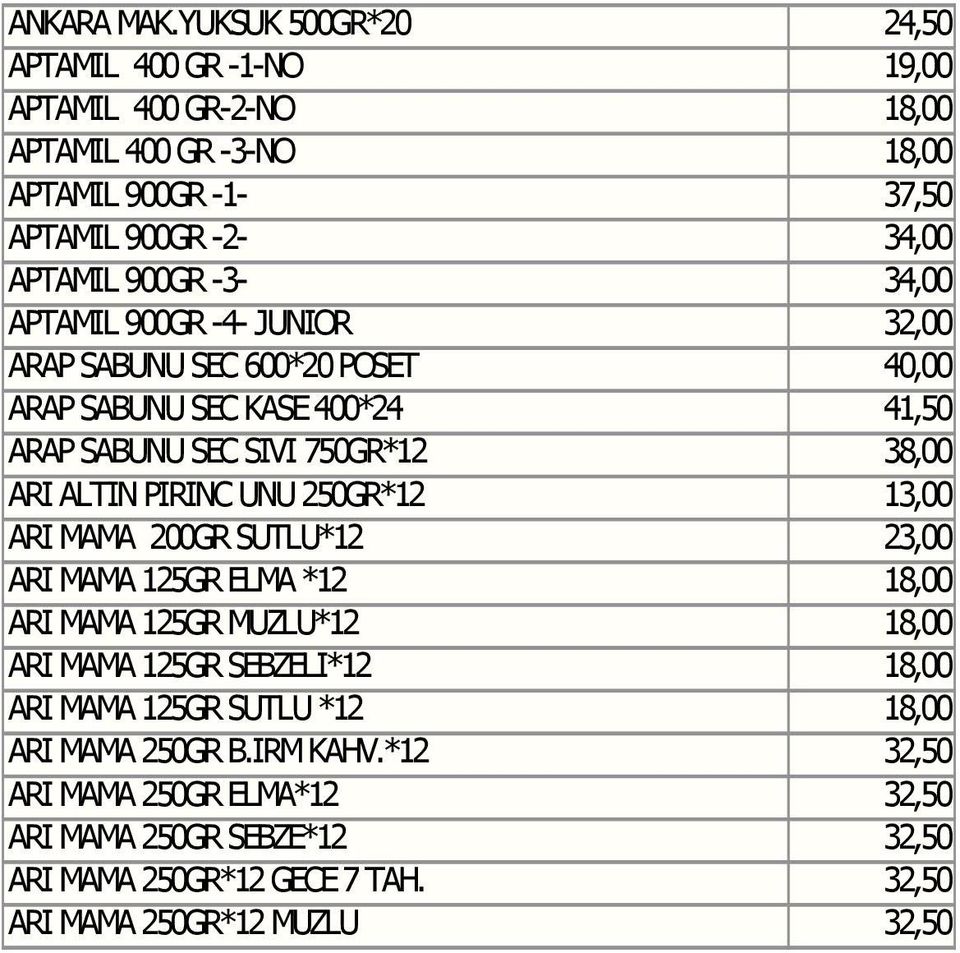 -3-34,00 APTAMIL 900GR -4- JUNIOR 32,00 ARAP SABUNU SEC 600*20 POSET 40,00 ARAP SABUNU SEC KASE 400*24 41,50 ARAP SABUNU SEC SIVI 750GR*12 38,00 ARI ALTIN PIRINC UNU