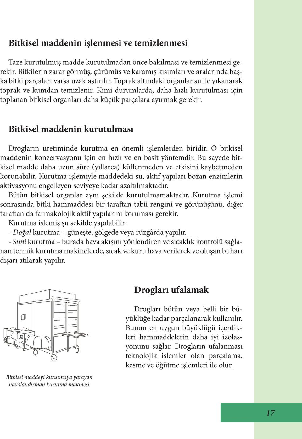 Kimi durumlarda, daha hızlı kurutulması için toplanan bitkisel organları daha küçük parçalara ayırmak gerekir. Bitkisel maddenin kurutulması Drogların üretiminde kurutma en önemli işlemlerden biridir.