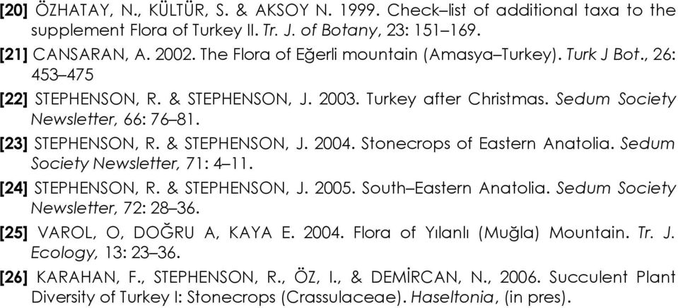 & STEPHENSON, J. 2004. Stonecrops of Eastern Anatolia. Sedum Society Newsletter, 71: 4 11. [24] STEPHENSON, R. & STEPHENSON, J. 2005. South Eastern Anatolia. Sedum Society Newsletter, 72: 28 36.