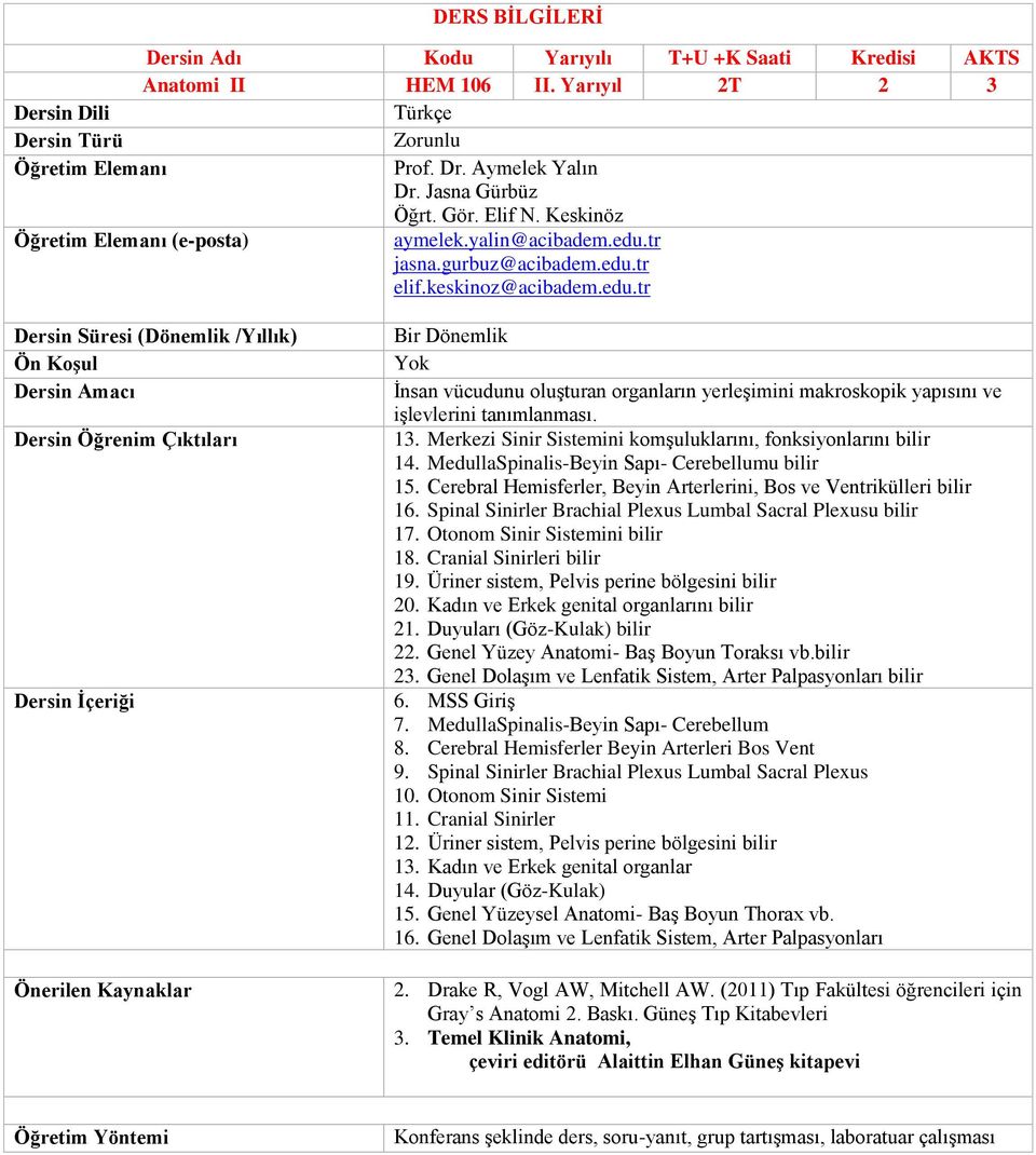 tr jasna.gurbuz@acibadem.edu.tr elif.keskinoz@acibadem.edu.tr Dersin Süresi (Dönemlik /Yıllık) Bir Dönemlik İnsan vücudunu oluşturan organların yerleşimini makroskopik yapısını ve işlevlerini tanımlanması.