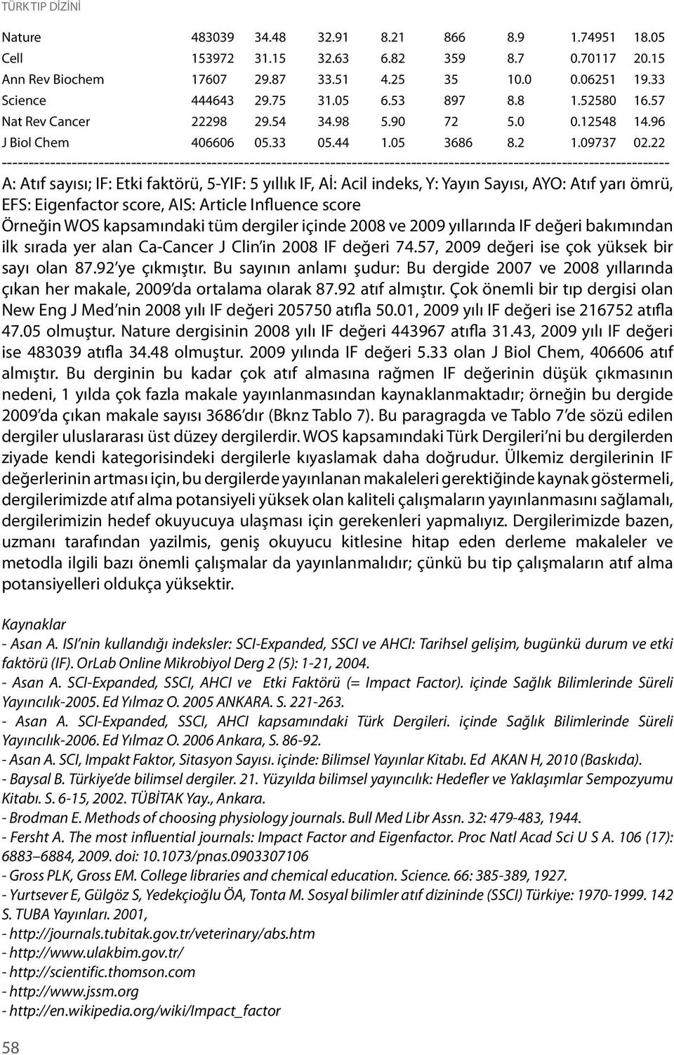 22 A: Atıf sayısı; IF: Etki faktörü, 5-YIF: 5 yıllık IF, Aİ: Acil indeks, Y: Yayın Sayısı, AYO: Atıf yarı ömrü, EFS: Eigenfactor score, AIS: Article Influence score Örneğin WOS kapsamındaki tüm