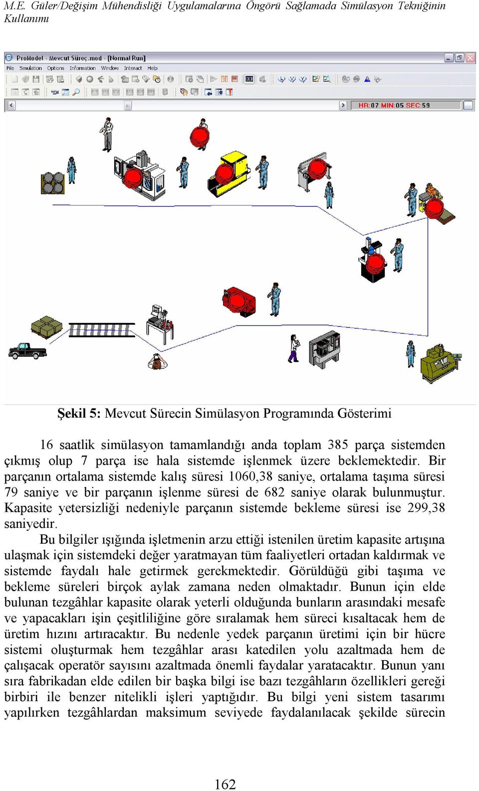 Bir parçanın ortalama sistemde kalış süresi 1060,38 saniye, ortalama taşıma süresi 79 saniye ve bir parçanın işlenme süresi de 682 saniye olarak bulunmuştur.