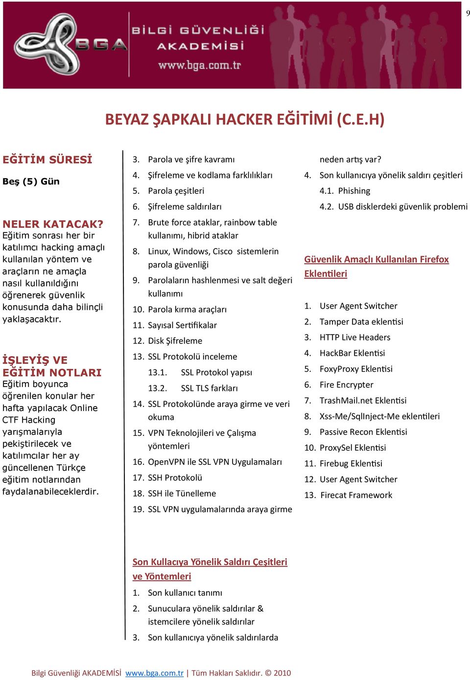 SSL Protokolü inceleme 13.1. SSL Protokol yapısı 13.2. SSL TLS farkları 14. SSL Protokolünde araya girme ve veri okuma 15. VPN Teknolojileri ve Çalışma yöntemleri 16.