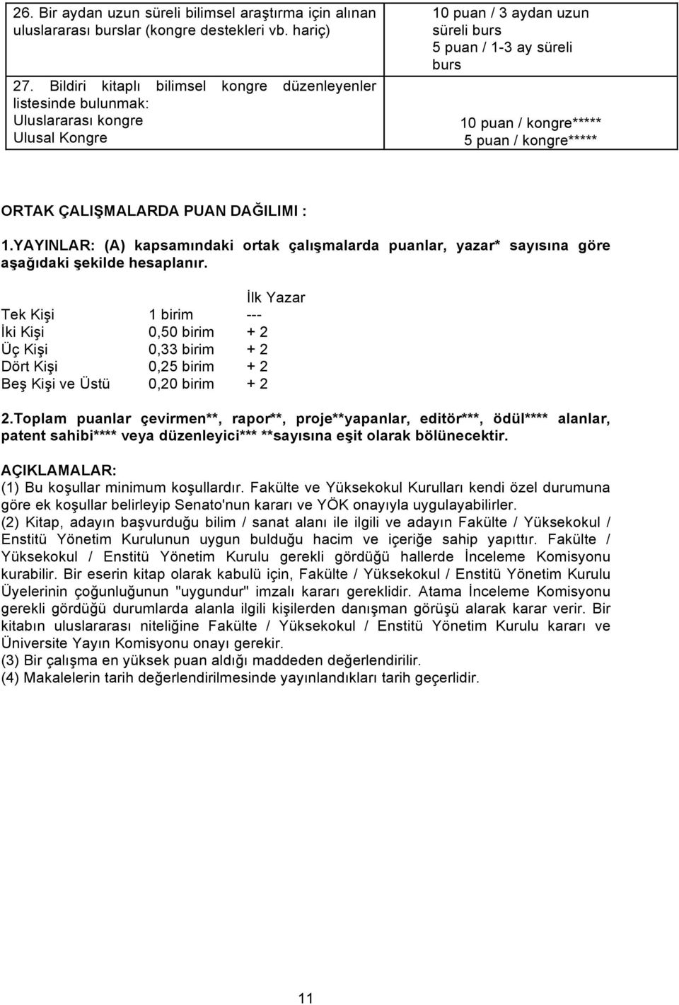 kongre***** ORTAK ÇALIŞMALARDA PUAN DAĞILIMI : 1.YAYINLAR: (A) kapsamındaki ortak çalışmalarda puanlar, yazar* sayısına göre aşağıdaki şekilde hesaplanır.