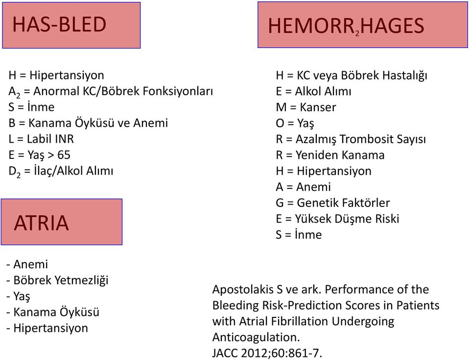 Hipertansiyon A = Anemi G = Genetik Faktörler E = Yüksek Düşme Riski S = İnme - Anemi - Böbrek Yetmezliği - Yaş - Kanama Öyküsü - Hipertansiyon