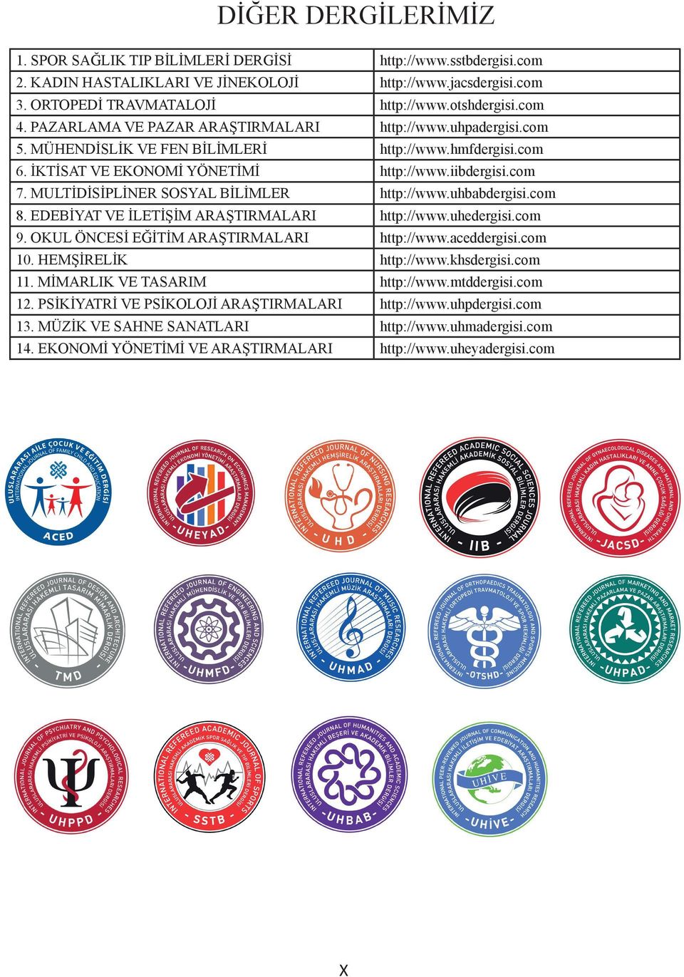 PSİKİYATRİ VE PSİKOLOJİ ARAŞTIRMALARI 13. MÜZİK VE SAHNE SANATLARI 14. EKONOMİ YÖNETİMİ VE ARAŞTIRMALARI X http:www.sstbdergisi.com http:www.jacsdergisi.com http:www.otshdergisi.com http:www.uhpadergisi.