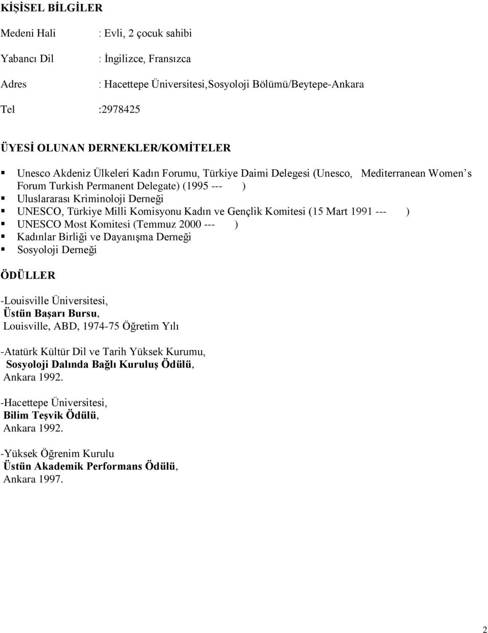 Komisyonu Kadın ve Gençlik Komitesi (15 Mart 1991 --- ) UNESCO Most Komitesi (Temmuz 2000 --- ) Kadınlar Birliği ve Dayanışma Derneği Sosyoloji Derneği ÖDÜLLER -Louisville Üniversitesi, Üstün Başarı