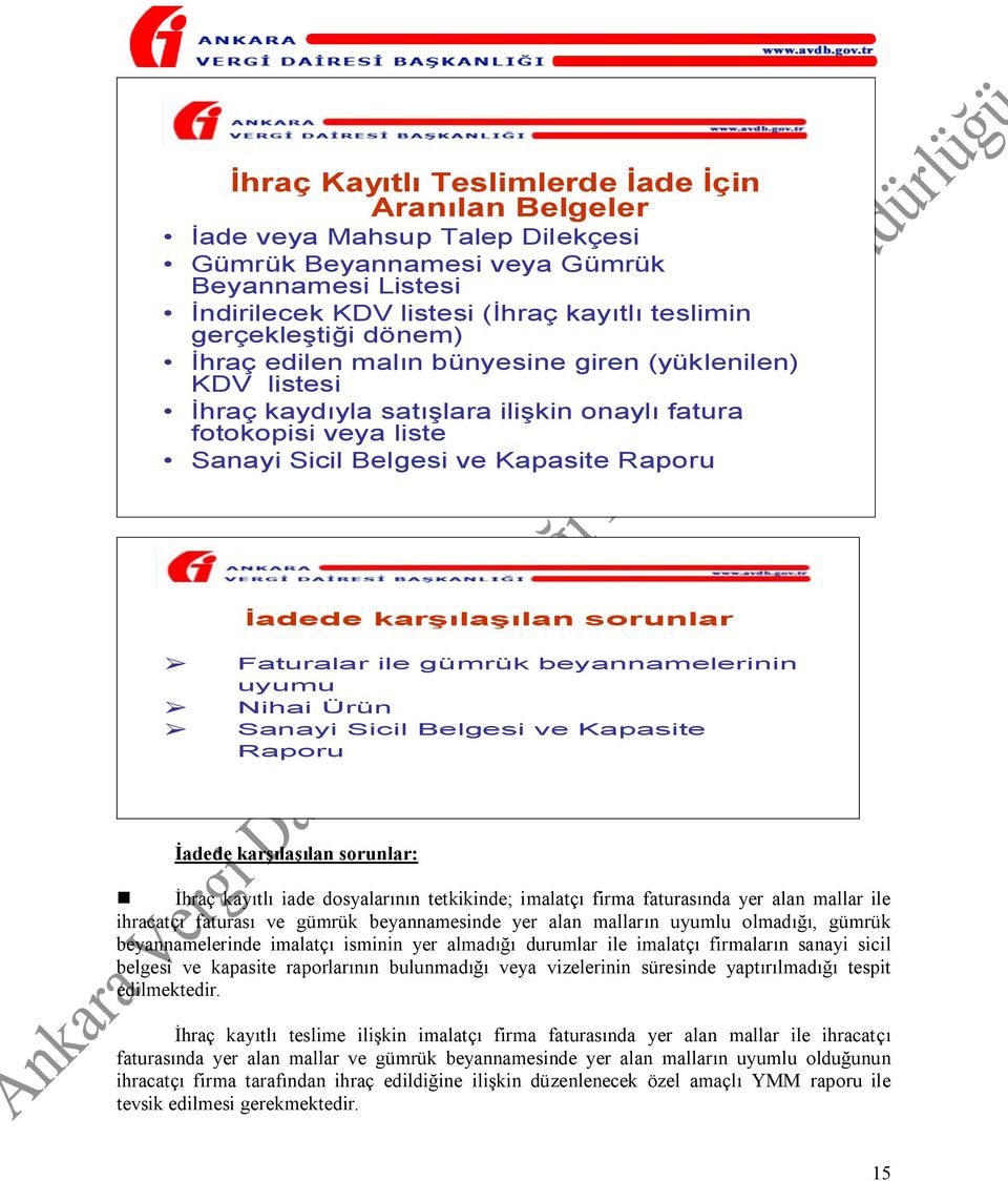 sorunlar Faturalar ile gümrük beyannamelerinin uyumu Nihai Ürün Sanayi Sicil Belgesi ve Kapasite Raporu İadede karşılaşılan sorunlar: İhraç kayıtlı iade dosyalarının tetkikinde; imalatçı firma