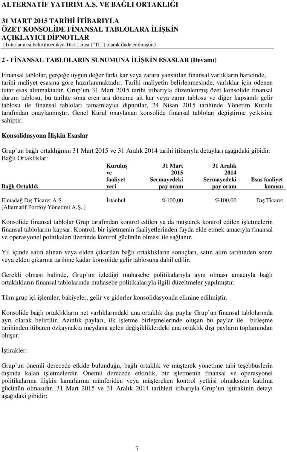 Grup un 31 Mart 2015 tarihi itibarıyla düzenlenmiş özet konsolide finansal durum tablosu, bu tarihte sona eren ara döneme ait kar veya zarar tablosu ve diğer kapsamlı gelir tablosu ile finansal