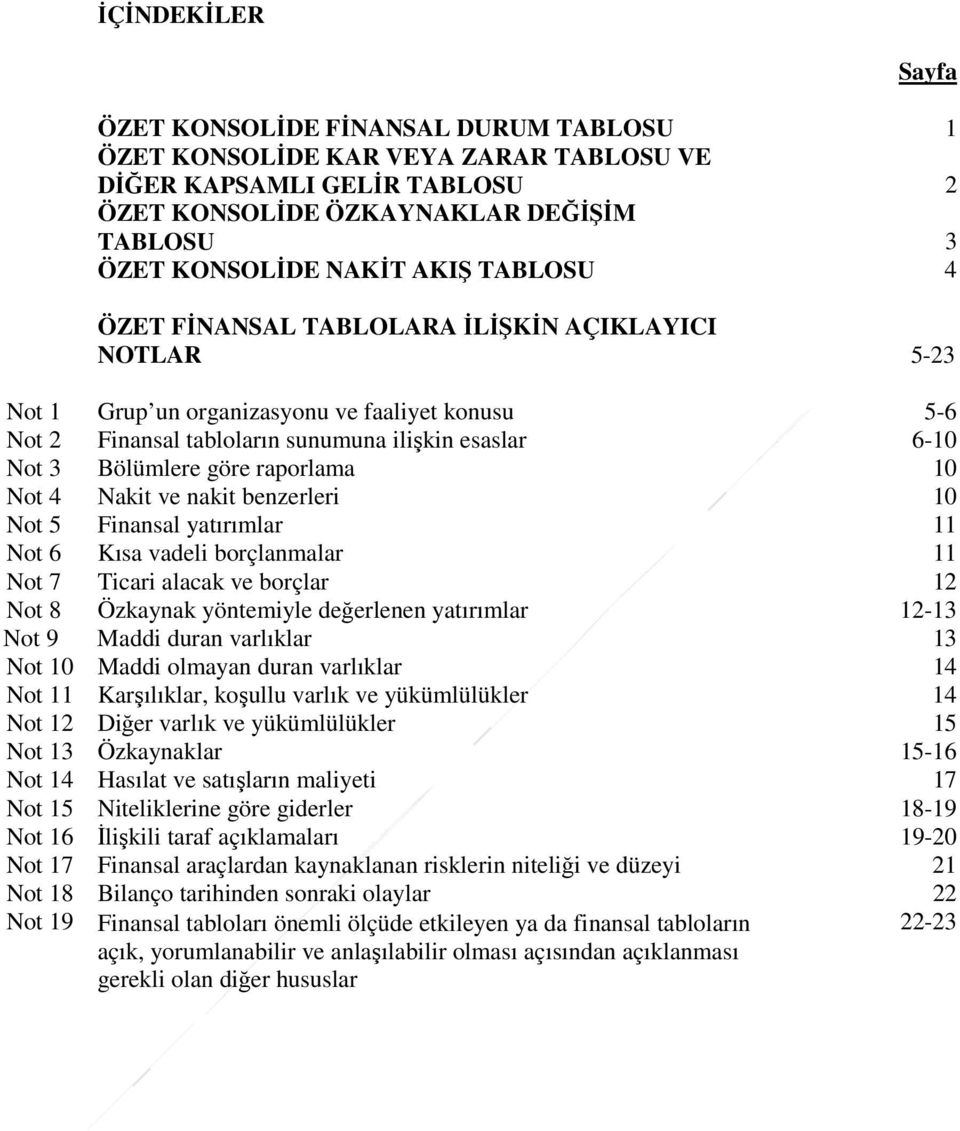 göre raporlama 10 Not 40 Nakit ve nakit benzerleri 10 Not 50 Finansal yatırımlar 11 Not 60 Kısa vadeli borçlanmalar 11 Not 70 Ticari alacak ve borçlar 12 Not 80 Özkaynak yöntemiyle değerlenen