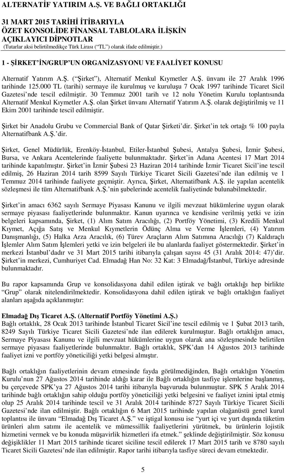 30 Temmuz 2001 tarih ve 12 nolu Yönetim Kurulu toplantısında Alternatif Menkul Kıymetler A.Ş. olan Şirket ünvanı Alternatif Yatırım A.Ş. olarak değiştirilmiş ve 11 Ekim 2001 tarihinde tescil edilmiştir.