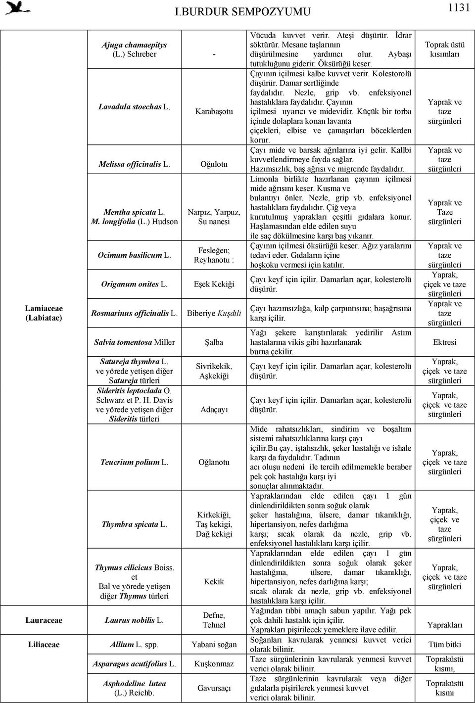 Davis ve yörede yetişen diğer Sideritis türleri Teucrium polium L. Thymbra spicata L. Thymus cilicicus Boiss. et Bal ve yörede yetişen diğer Thymus türleri Lauraceae Laurus nobilis L.