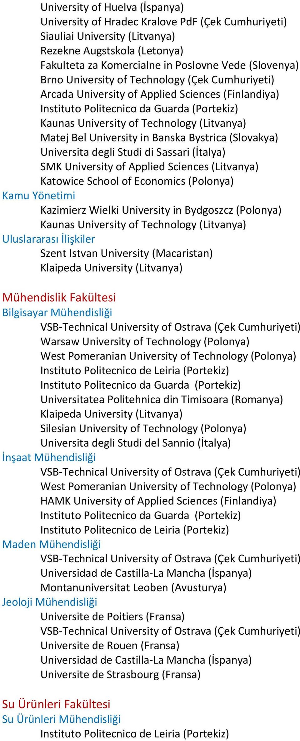 Fakültesi Bilgisayar Mühendisliği Warsaw University of Technology (Polonya) West Pomeranian University of Technology (Polonya) Universitatea Politehnica din Timisoara (Romanya) Silesian University of