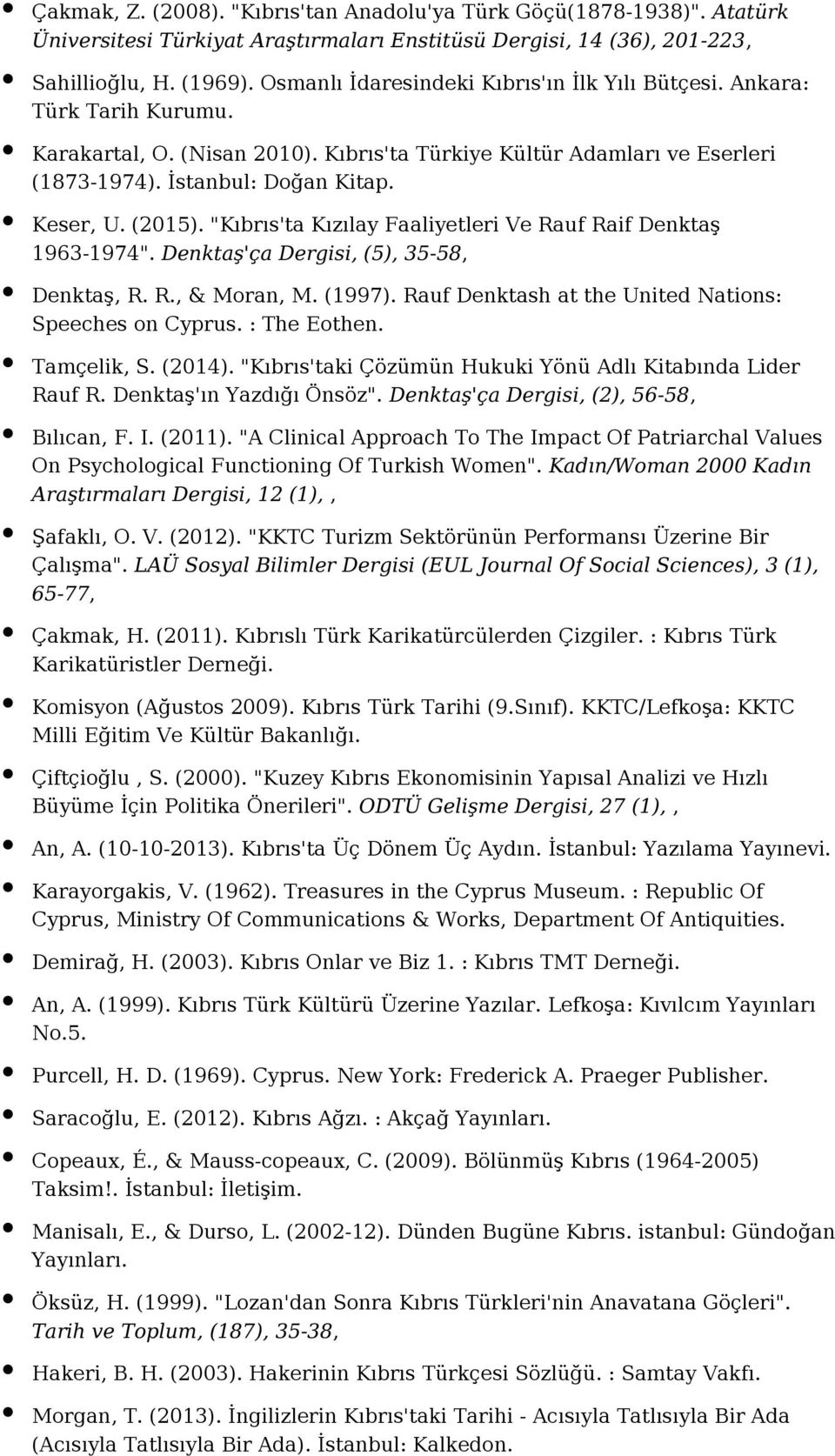 (2015). "Kıbrıs'ta Kızılay Faaliyetleri Ve Rauf Raif Denktaş 1963-1974". Denktaş'ça Dergisi, (5), 35-58, Denktaş, R. R., & Moran, M. (1997). Rauf Denktash at the United Nations: Speeches on Cyprus.