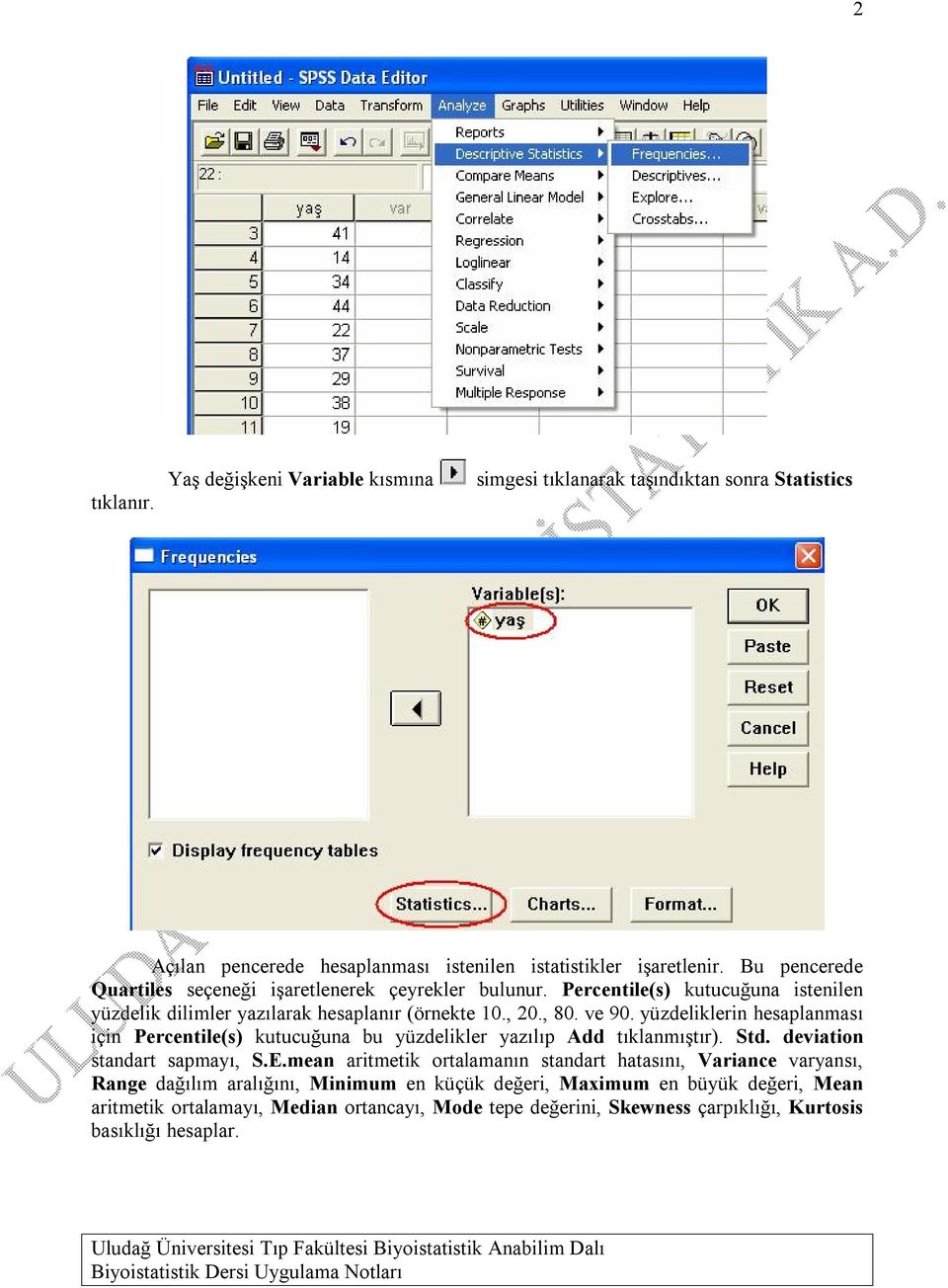 yüzdeliklerin hesaplanması için Percentile(s) kutucuğuna bu yüzdelikler yazılıp Add tıklanmıştır). Std. deviation standart sapmayı, S.E.