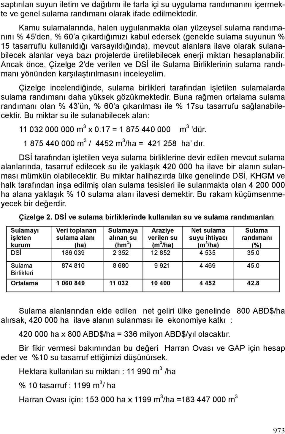 alanlara ilave olarak sulanabilecek alanlar veya bazı projelerde üretilebilecek enerji miktarı hesaplanabilir.