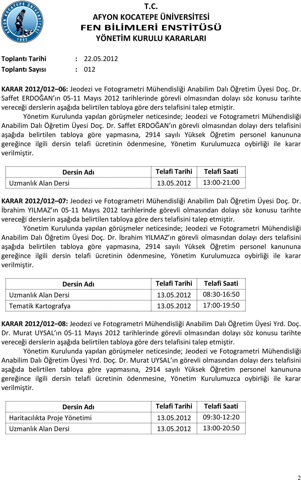 Saffet ERDOĞAN ın görevli olmasından dolayı ders telafisini aşağıda belirtilen tabloya göre yapmasına, 2914 sayılı Yüksek Öğretim personel kanununa Uzmanlık Alan Dersi 13.05.